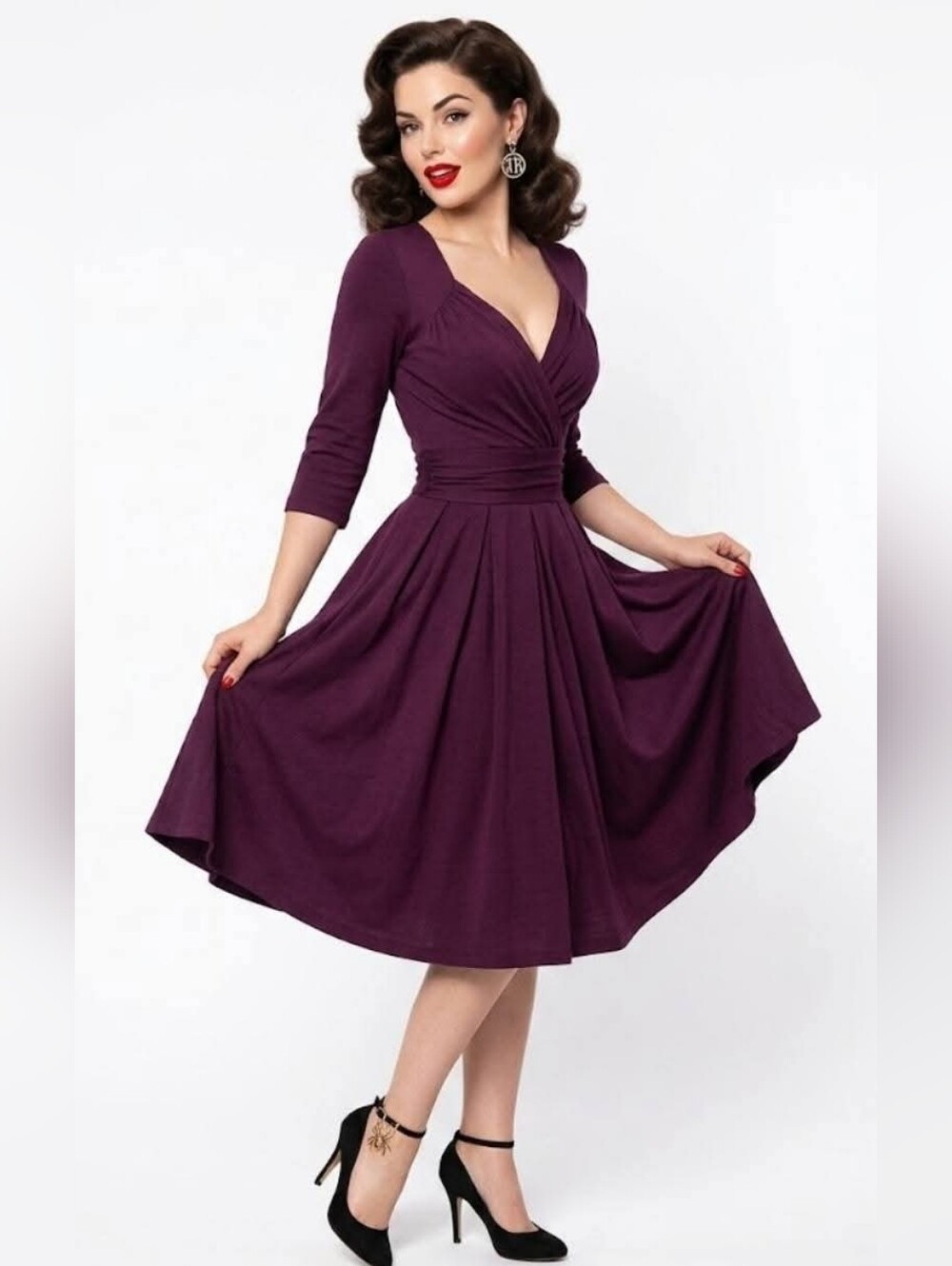 Elegant Plum Wrap-Style Midi Dress